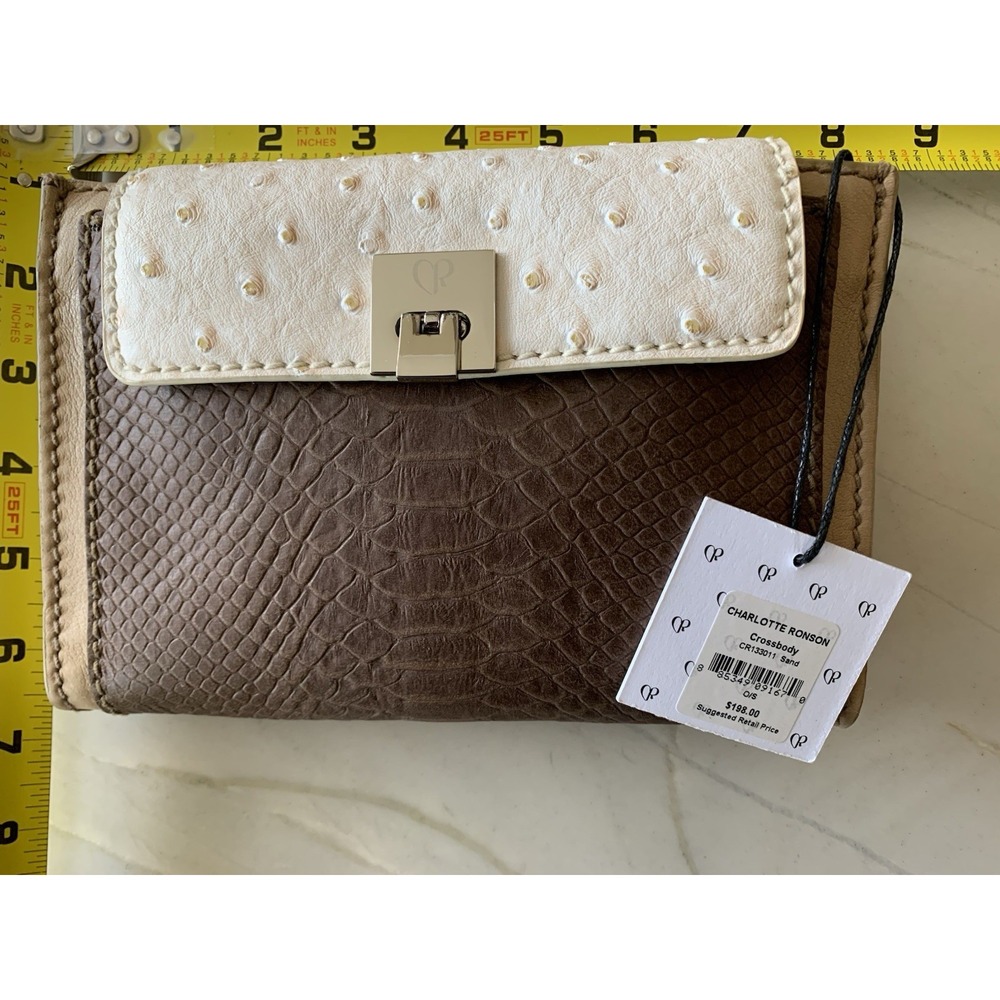 NWT Charlotte Ronson Leather Crossbody Bag Sand Ostrich Croc Embossed Purse New